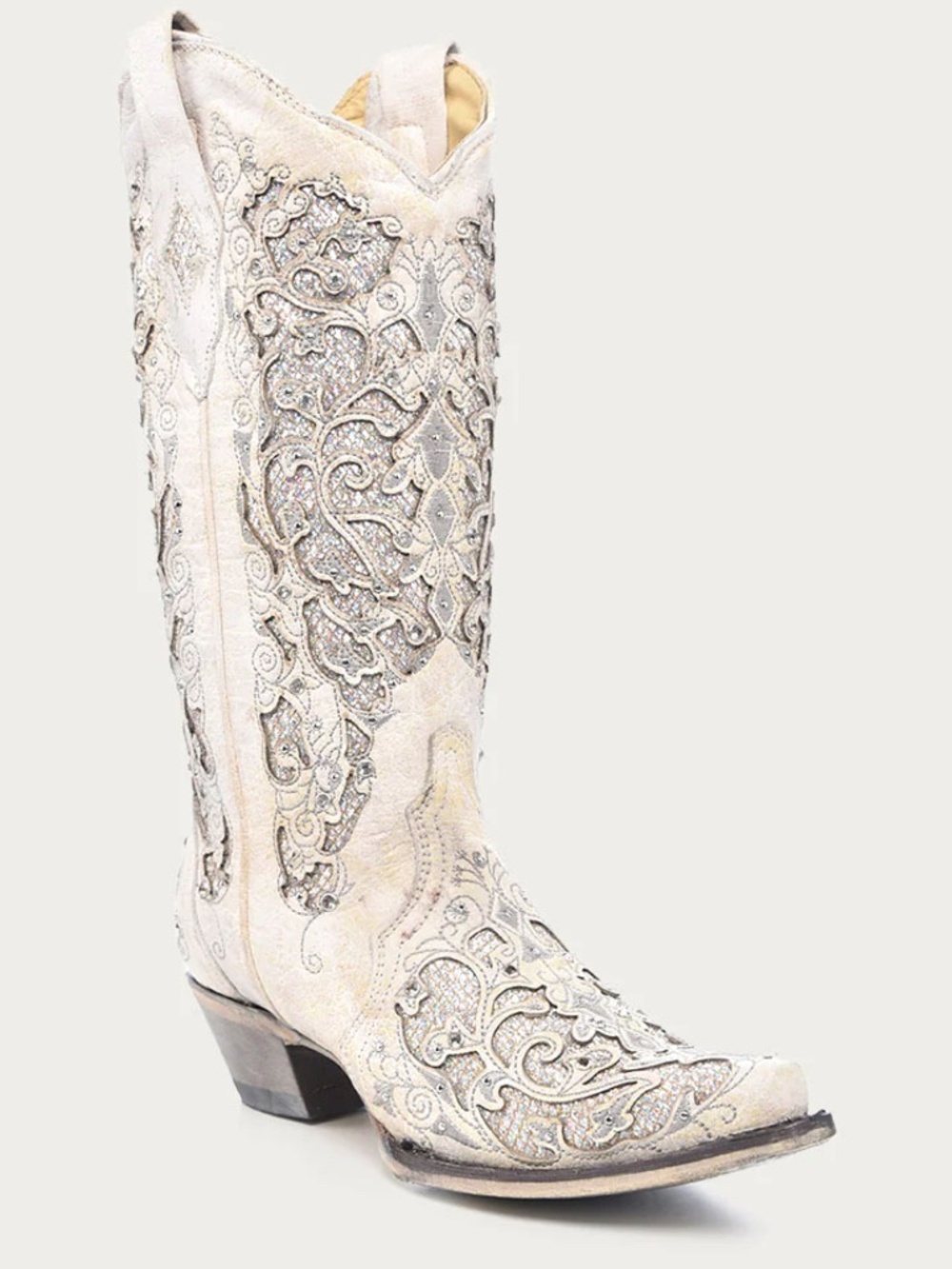 A3322 - WOMEN'S WHITE GLITTERED INLAY AND CRYSTALS SNIP TOE WEDDING COWBOY BOOT